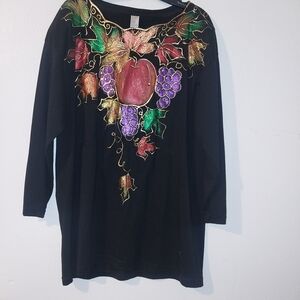 Vibrant Black Top with Fruit Motif